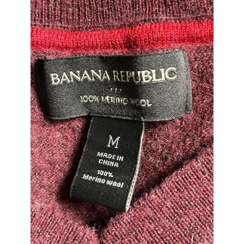 Banana Republic Extra Fine Merino Wool Argyle Sweater Mens Sz M Burgundy V-Neck